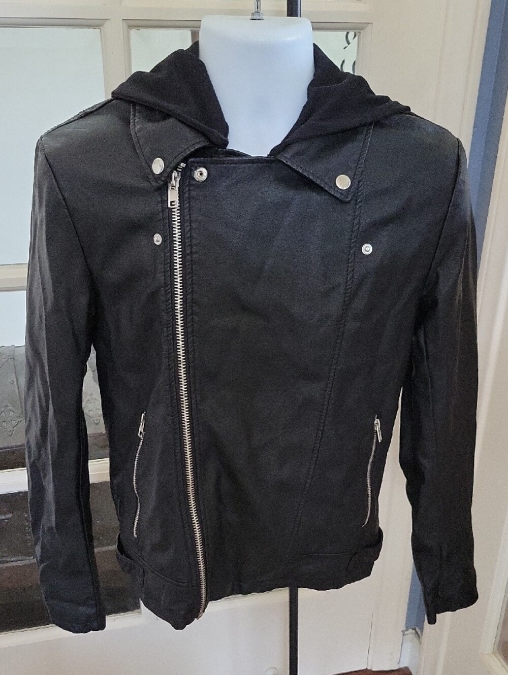 FOREVER 21 Black Faux Leather Bomber Jacket with Silver Hardware | Size: S